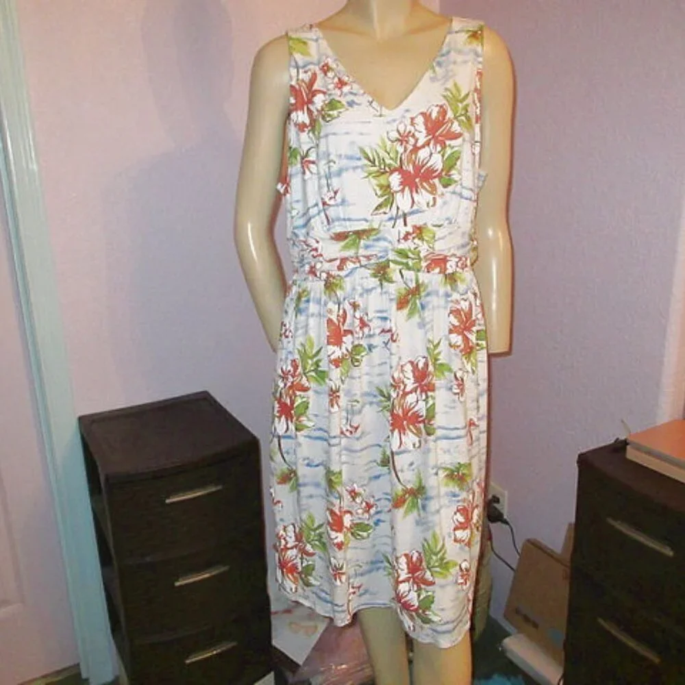 Fresh Produce Woman’s 2X Dress White Pockets Pink Flamingo Floral Tropical EUC
